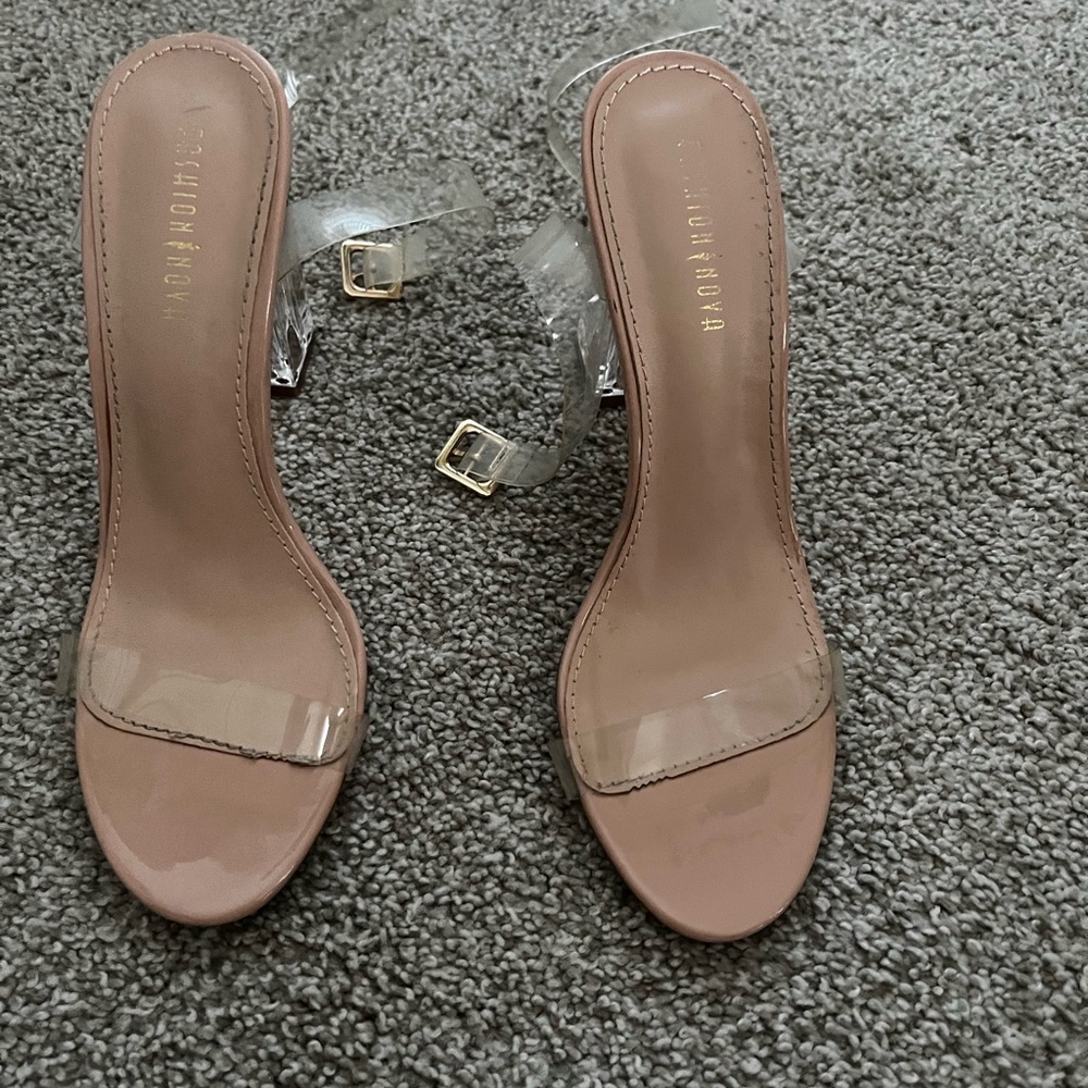 Fashion Nova Clear and Cream Heeled Sandals